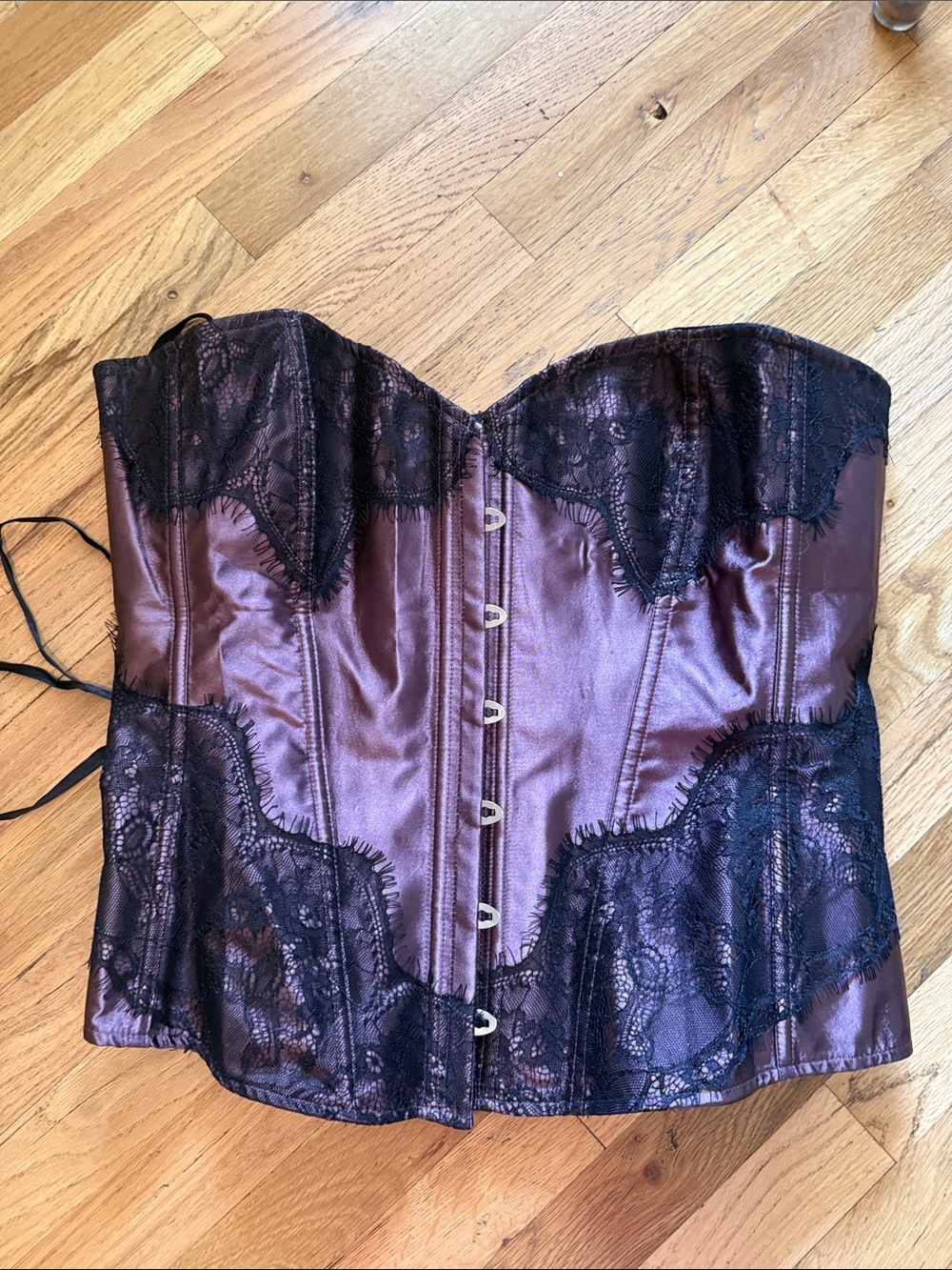 Adore Me Satin Corset Bustier in Plum with Black Lace